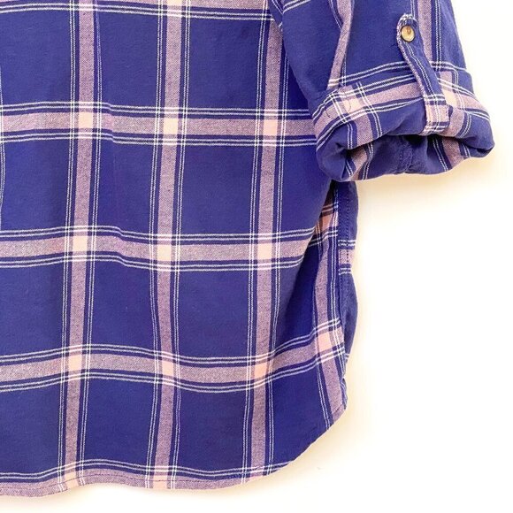 Jachs Girlfriend Womens Purple Plaid Flannel Shirt Pearl Snap Buttons Tab Sleeve - Picture 7 of 12
